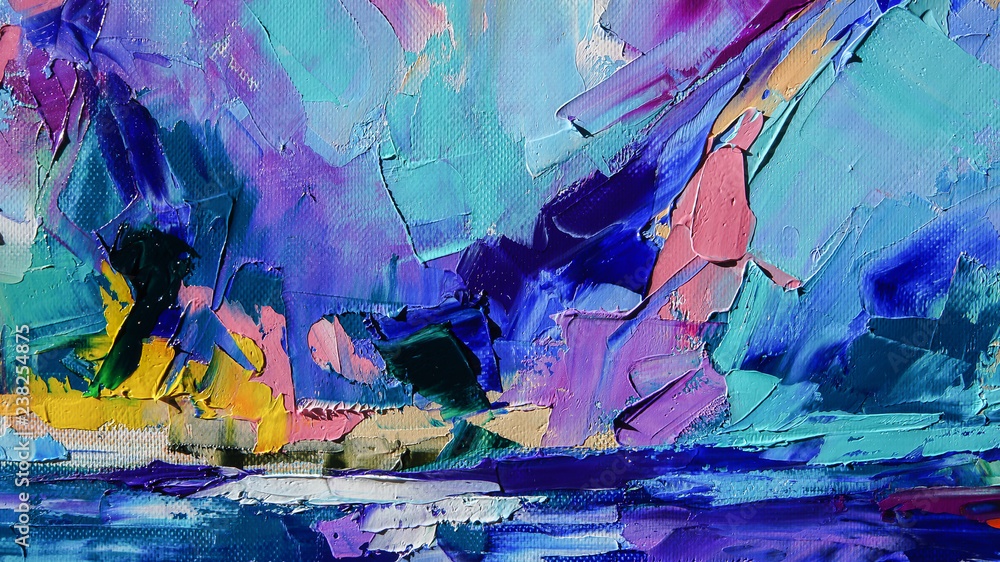 Pintura abstrata em tons de azul, violeta e turquesa